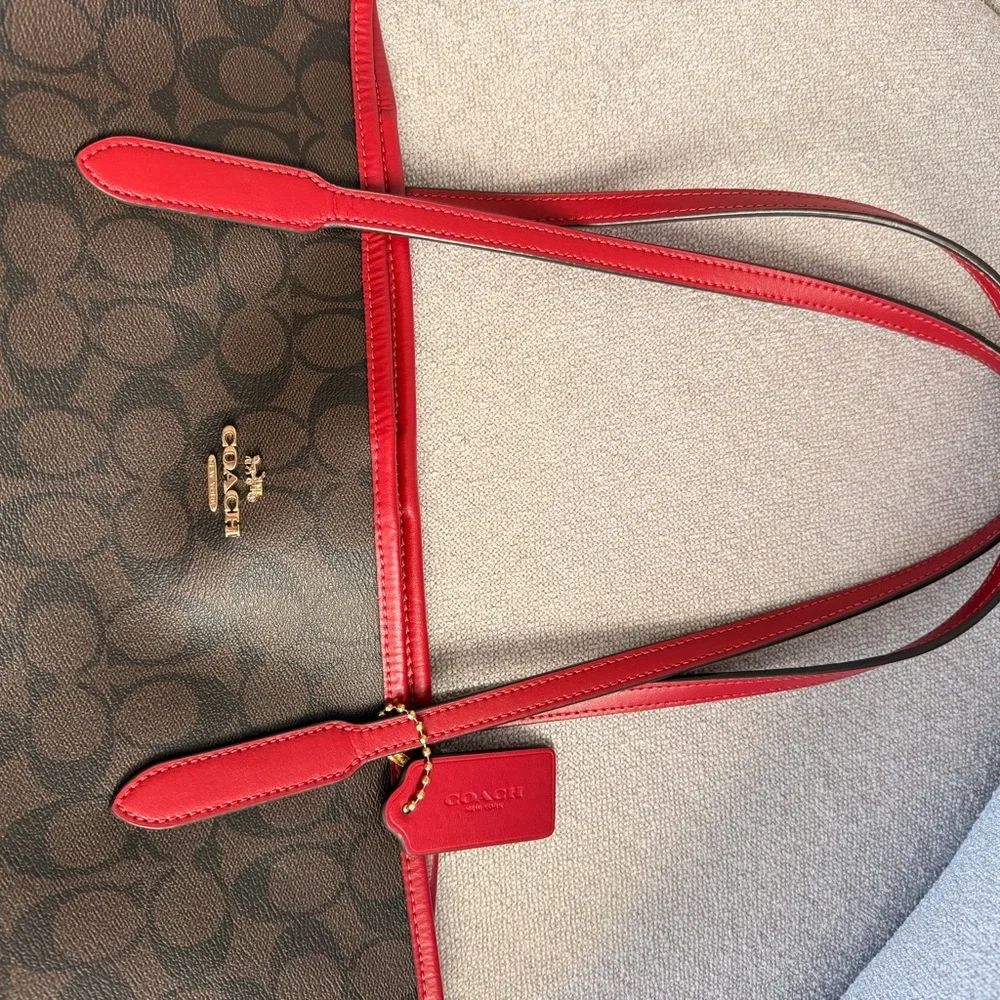 Coach Brown Signature Canvas Tote with Red Trim - Picture 6 of 10